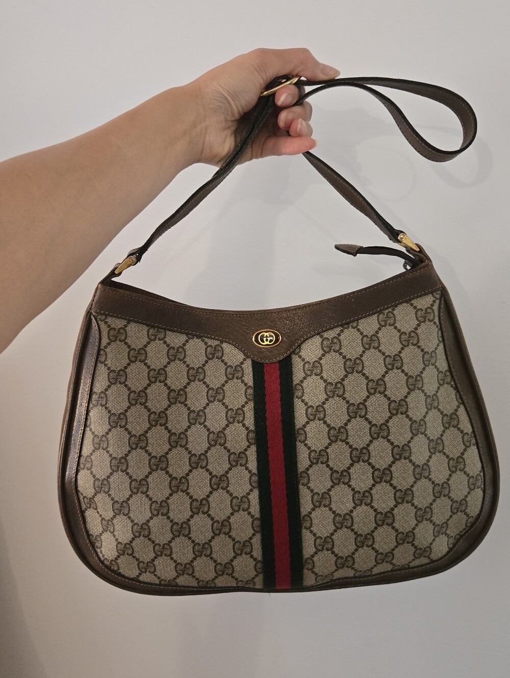 Vintage Gucci Beige GG Canvas Shoulder Bag with Brown Trim and Red/Green Web